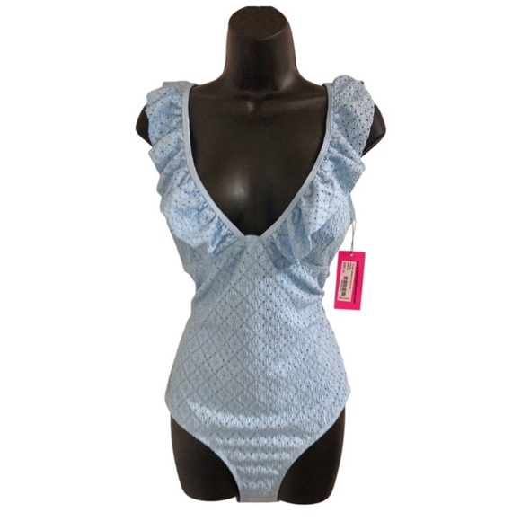 Betsey Johnson Clear sky blue 1piece Ruffle strap eyelet Swimsuit‎ size medium - Picture 16 of 16